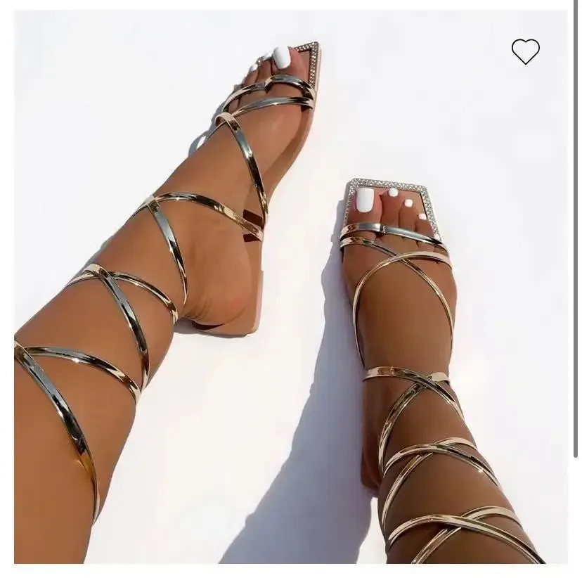 AMOZAE-- Rhinestone-adorned Flat Bottom Sandals for Trendy Vacation Style