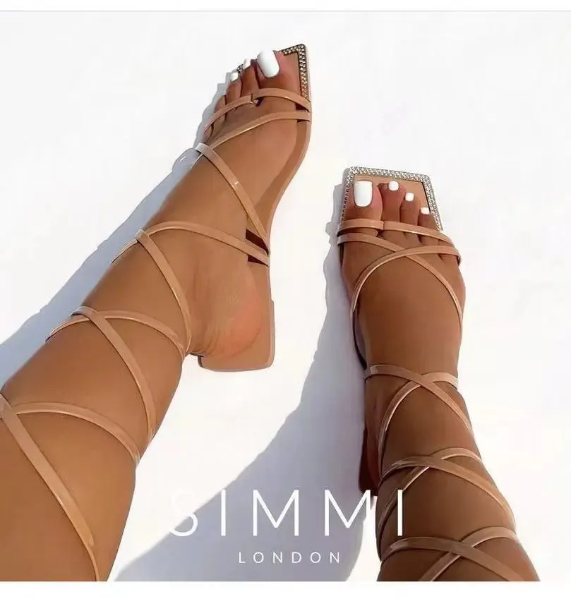 AMOZAE-- Rhinestone-adorned Flat Bottom Sandals for Trendy Vacation Style