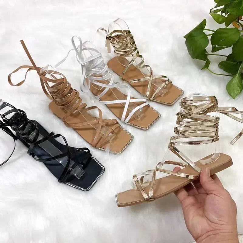 AMOZAE-- Rhinestone-adorned Flat Bottom Sandals for Trendy Vacation Style