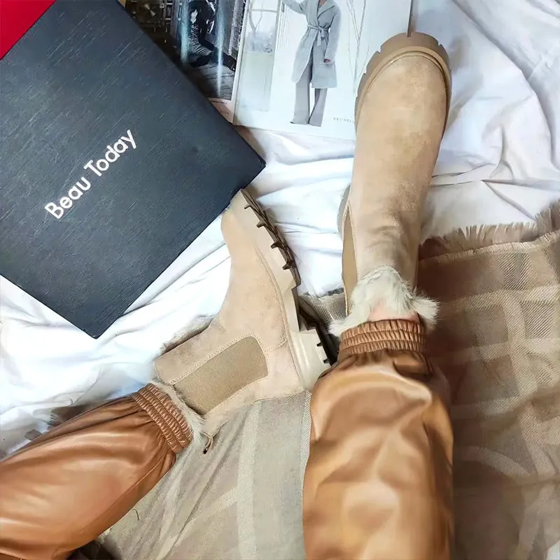 BeauToday Leather Warm Chelsea Boots for Women