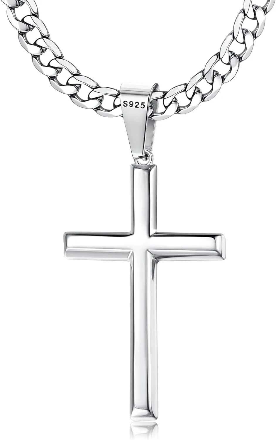 Besteel 925 Sterling Silver Cross Necklace Beveled Edge for Men Women 5mm Stainless Steel Diamond Cut Durable Cuban Link Curb Chain Crucifix Pendant Necklace Jewelry 16-30 Inches