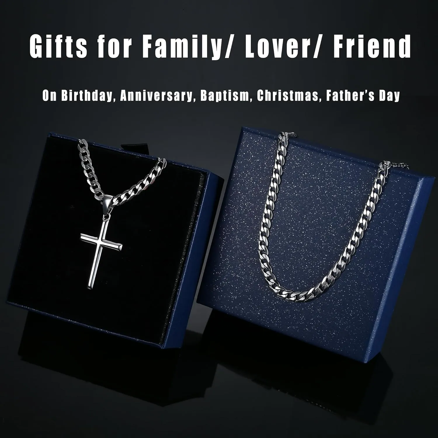 Besteel 925 Sterling Silver Cross Necklace Beveled Edge for Men Women 5mm Stainless Steel Diamond Cut Durable Cuban Link Curb Chain Crucifix Pendant Necklace Jewelry 16-30 Inches