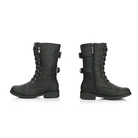 Black combat boots zipper lace-up mid calf boots women's motorcycle boots