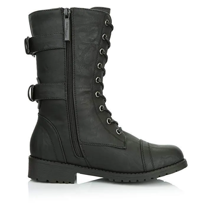 Black combat boots zipper lace-up mid calf boots women's motorcycle boots