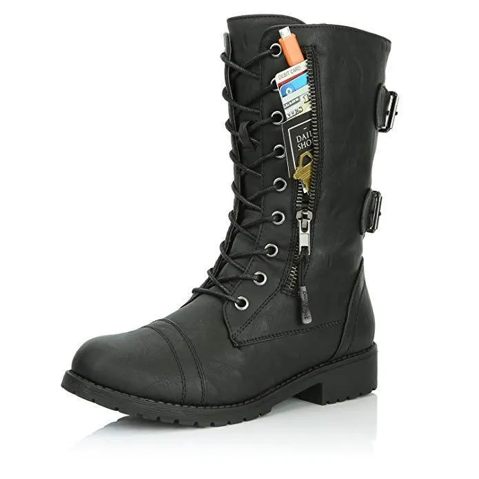 Black combat boots zipper lace-up mid calf boots women's motorcycle boots