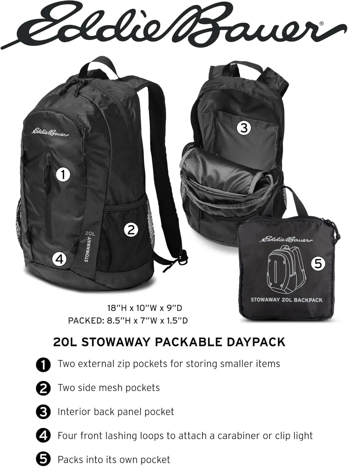 Eddie Bauer Stowaway Packable Backpack-Made from Ripstop Polyester, Dark Loden, 20L