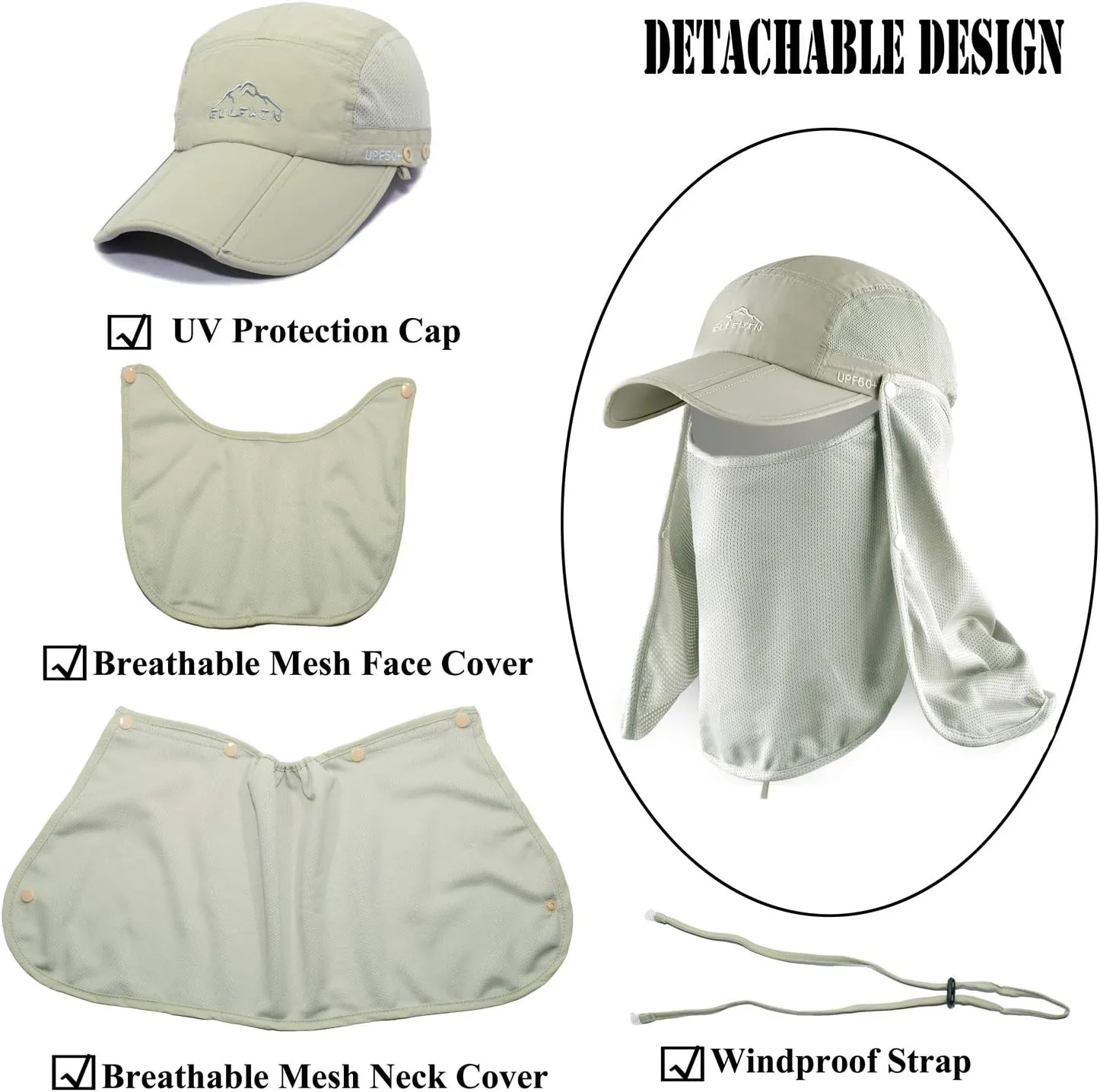 ELLEWIN Outdoor Sun Hat for Men Women UPF 50  Fishing UV Hat with Neck Flap Face Cover for Sun Protection