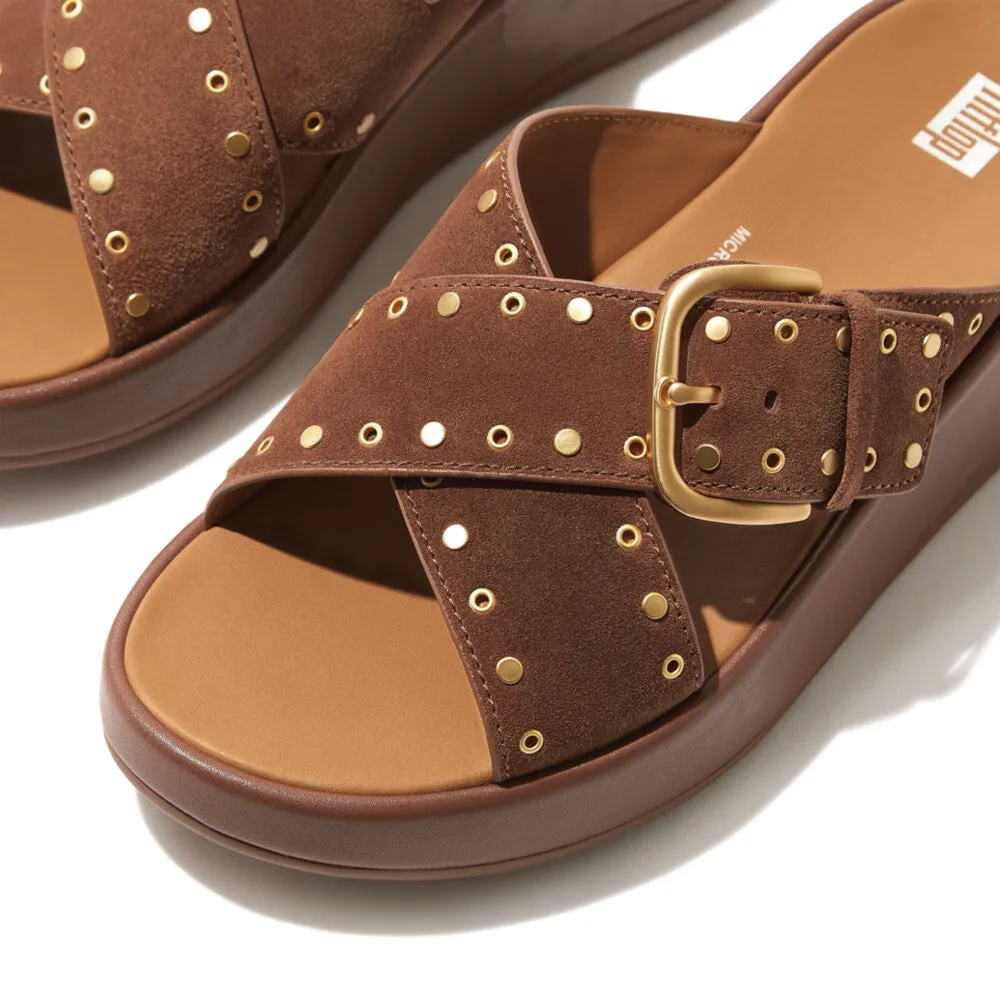 Fitflop F-Mode Buckle Stud Suede Flatform Cross Slide Brown