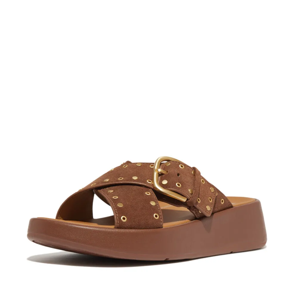 Fitflop F-Mode Buckle Stud Suede Flatform Cross Slide Brown