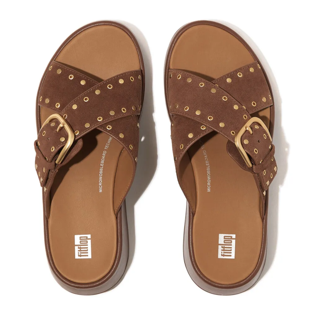 Fitflop F-Mode Buckle Stud Suede Flatform Cross Slide Brown