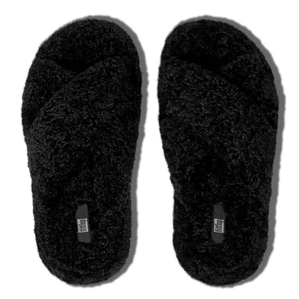 Fitflop IQushon D-Luxe Padded Teddy Cross Slides All Black