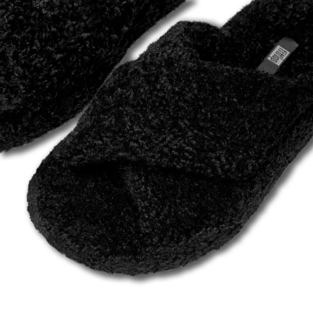 Fitflop IQushon D-Luxe Padded Teddy Cross Slides All Black