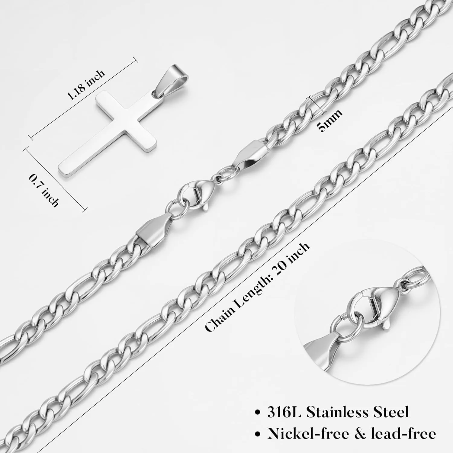IEFLIFE Cross Necklaces Gifts for Men Him - Silver Figaro Chain Stainless Steel Cross Necklace Jewelry, Anniversary Birthday Gift for Dad Husband Brother Son Grandson Gift