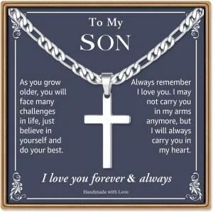 IEFLIFE Cross Necklaces Gifts for Men Him - Silver Figaro Chain Stainless Steel Cross Necklace Jewelry, Anniversary Birthday Gift for Dad Husband Brother Son Grandson Gift