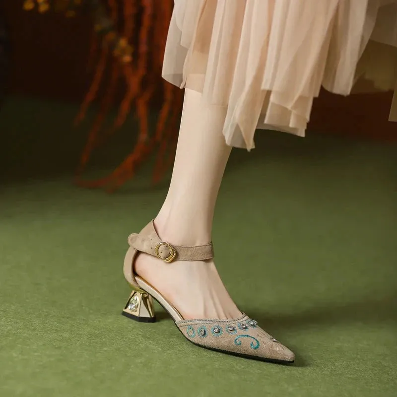 Inka Boho Embroidery Suede Ankle Strap Sandals