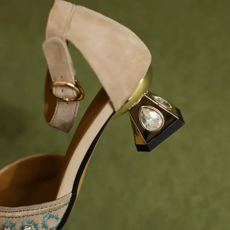 Inka Boho Embroidery Suede Ankle Strap Sandals