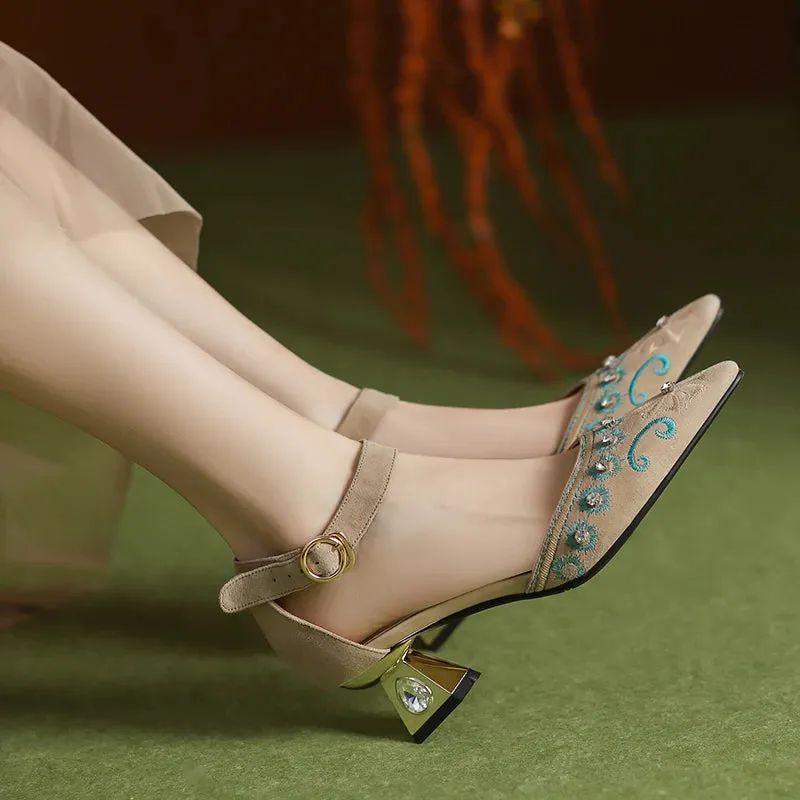 Inka Boho Embroidery Suede Ankle Strap Sandals