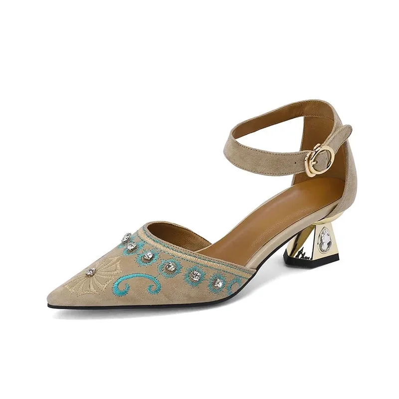 Inka Boho Embroidery Suede Ankle Strap Sandals