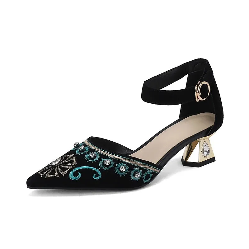 Inka Boho Embroidery Suede Ankle Strap Sandals