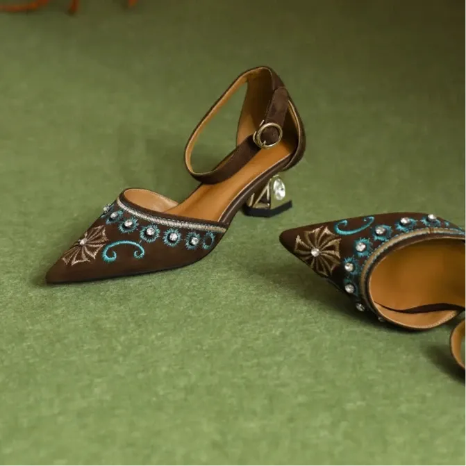 Inka Boho Embroidery Suede Ankle Strap Sandals