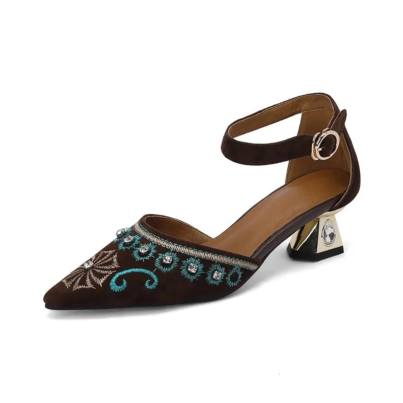 Inka Boho Embroidery Suede Ankle Strap Sandals