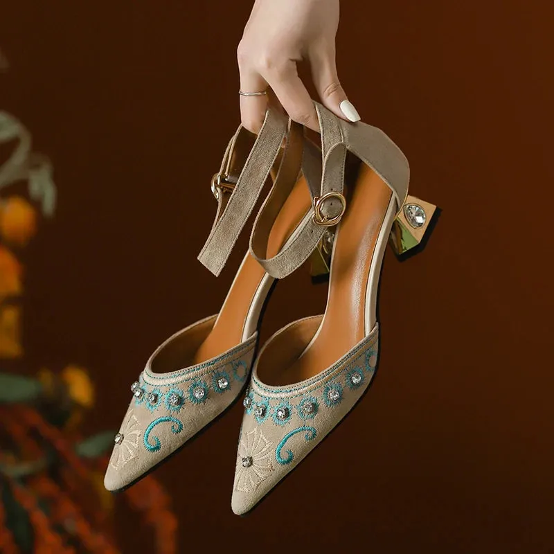 Inka Boho Embroidery Suede Ankle Strap Sandals