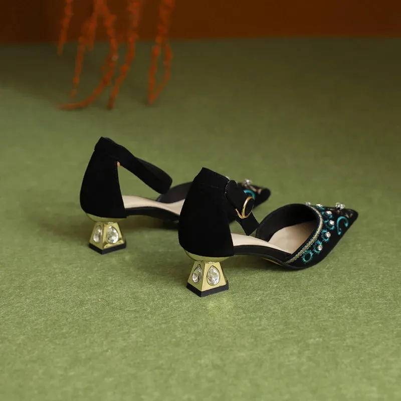 Inka Boho Embroidery Suede Ankle Strap Sandals