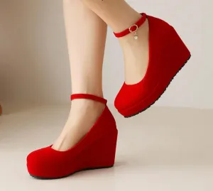 Mary Jane Velvet Wedge Heel Pump