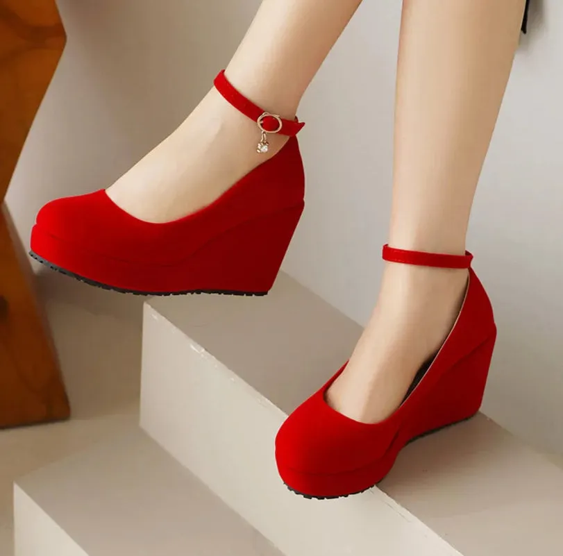 Mary Jane Velvet Wedge Heel Pump