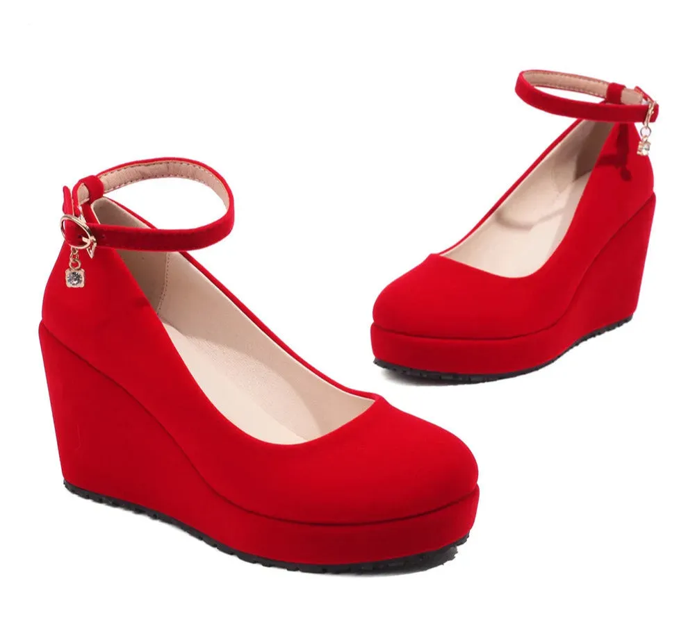 Mary Jane Velvet Wedge Heel Pump