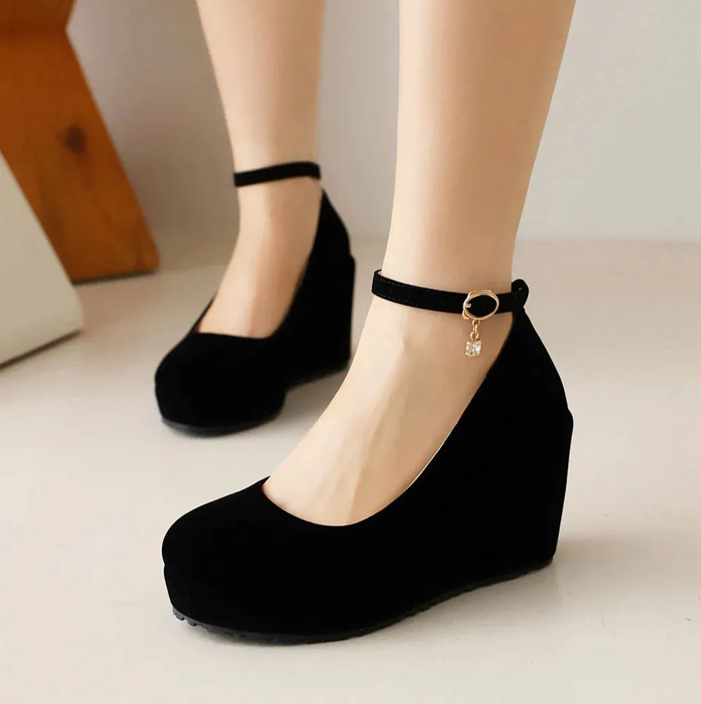 Mary Jane Velvet Wedge Heel Pump