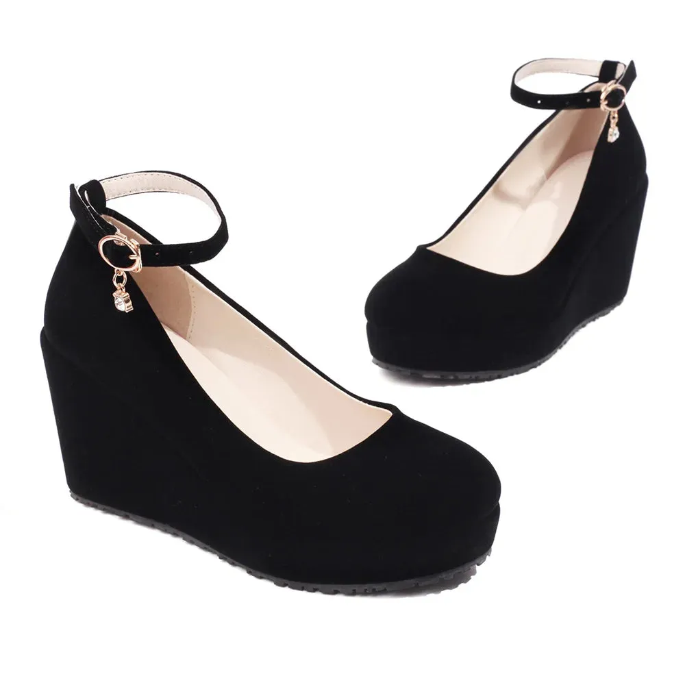 Mary Jane Velvet Wedge Heel Pump