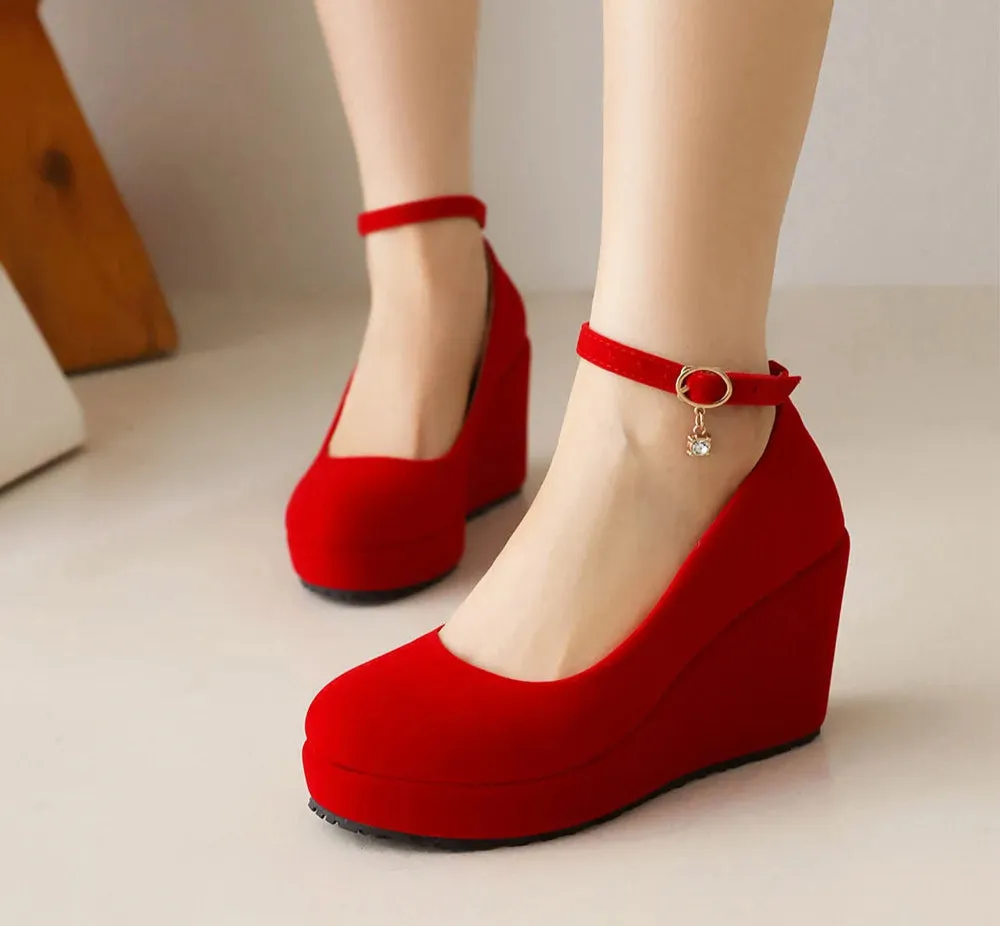 Mary Jane Velvet Wedge Heel Pump