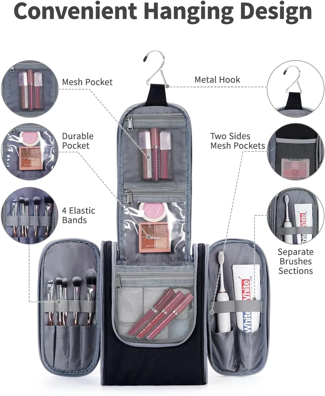 Narwey Small Hanging Travel Toiletry Bag Cosmetic Make up Organizer for Women and Men (Medium, Black)