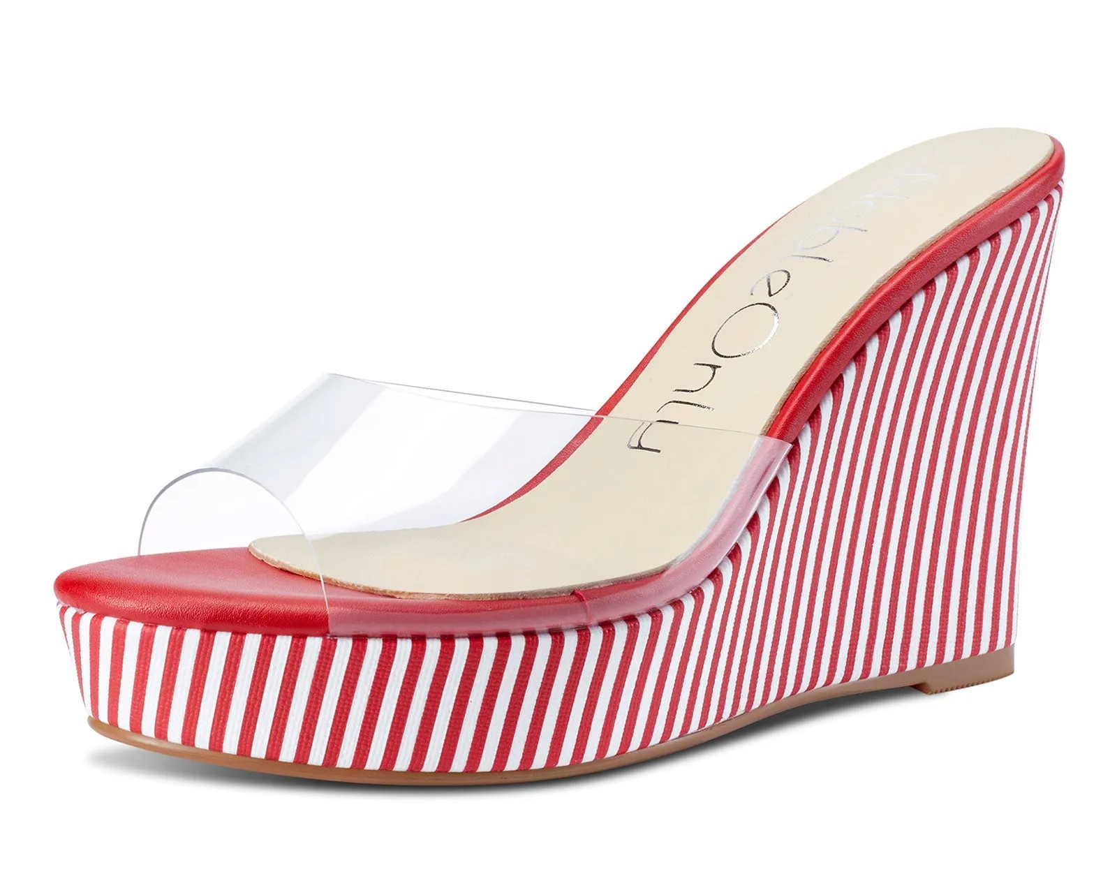 NobleOnly Womens High Heels Platform Wedge Sandals Clear Transparent Comfortable Slippers Leather Lining Slip-on Office Shoes 10CM Heel