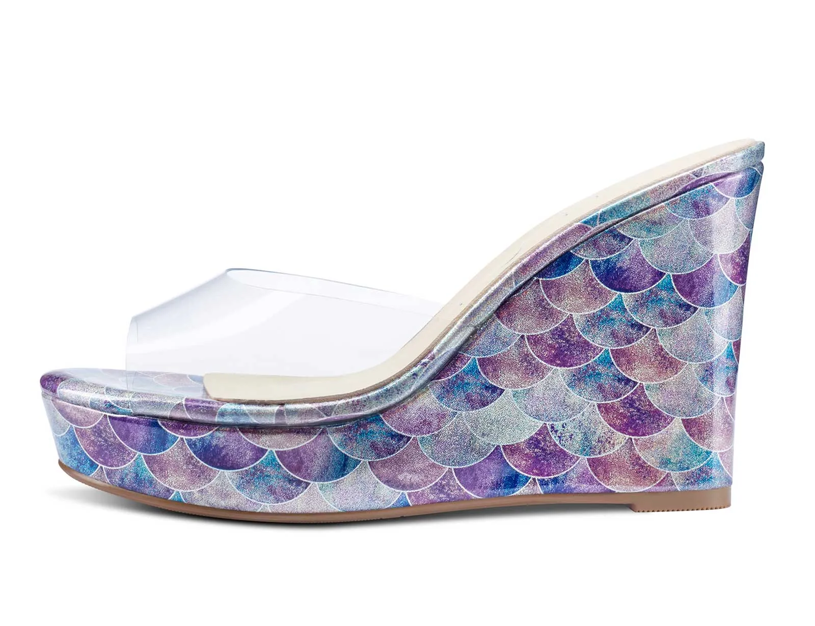 NobleOnly Womens High Heels Platform Wedge Sandals Clear Transparent Comfortable Slippers Leather Lining Slip-on Office Shoes 10CM Heel