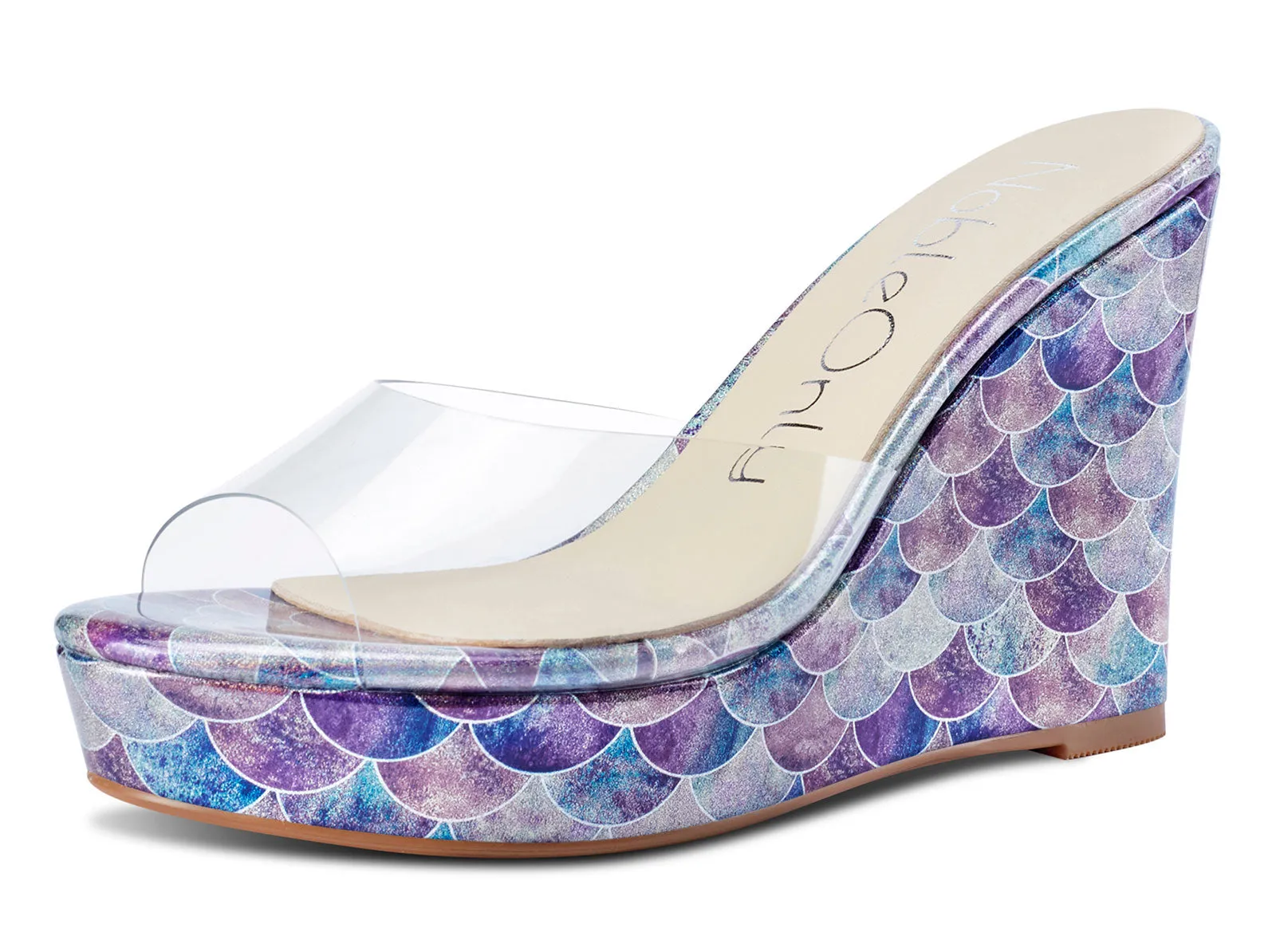 NobleOnly Womens High Heels Platform Wedge Sandals Clear Transparent Comfortable Slippers Leather Lining Slip-on Office Shoes 10CM Heel
