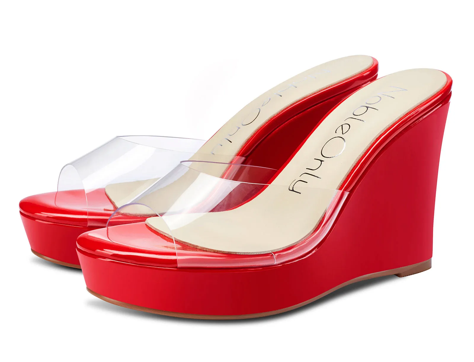 NobleOnly Womens High Heels Platform Wedge Sandals Clear Transparent Comfortable Slippers Leather Lining Slip-on Office Shoes 10CM Heel