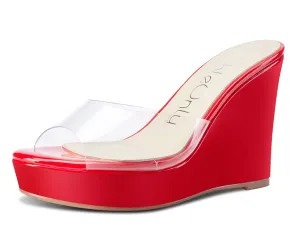 NobleOnly Womens High Heels Platform Wedge Sandals Clear Transparent Comfortable Slippers Leather Lining Slip-on Office Shoes 10CM Heel