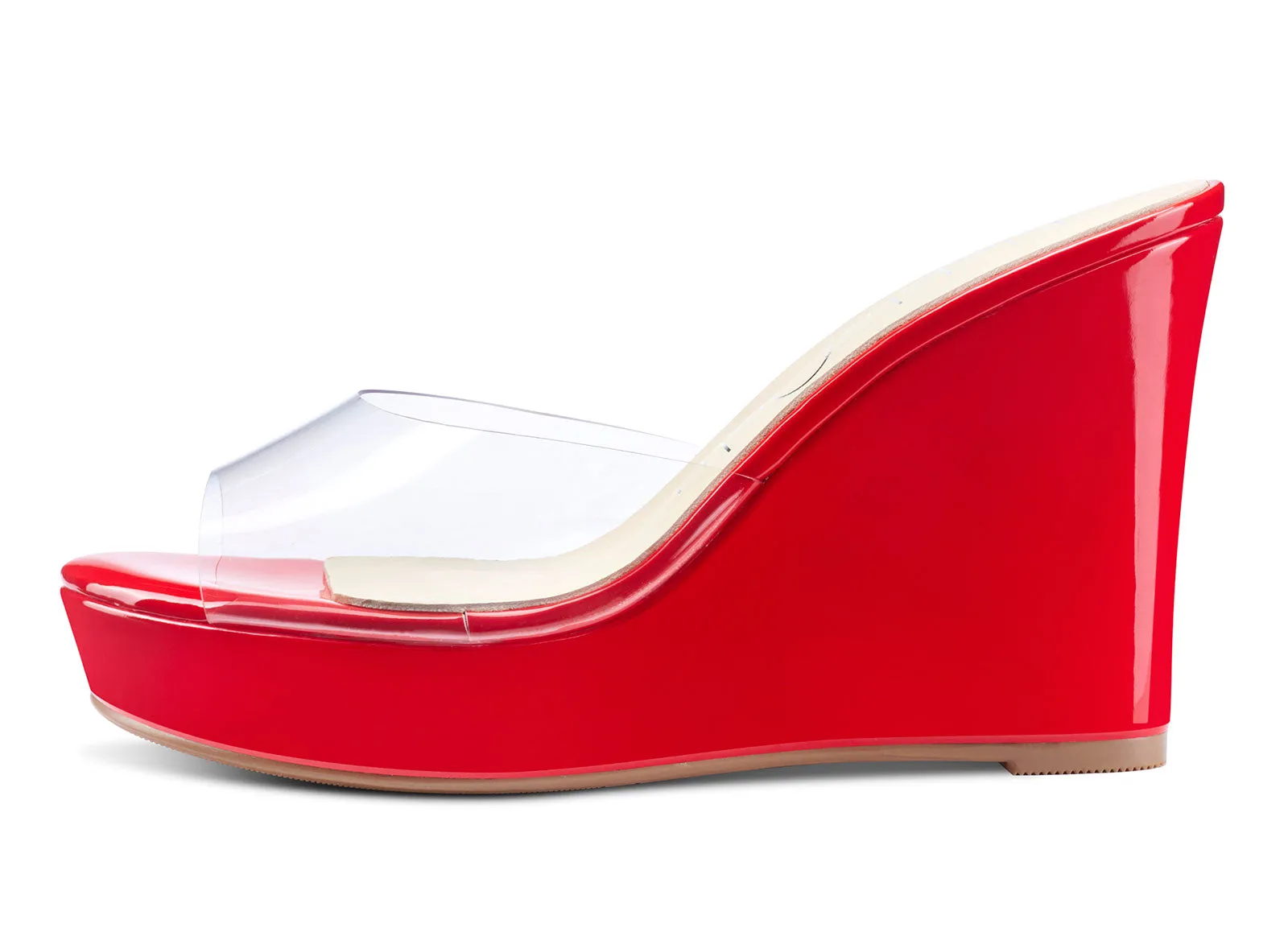 NobleOnly Womens High Heels Platform Wedge Sandals Clear Transparent Comfortable Slippers Leather Lining Slip-on Office Shoes 10CM Heel