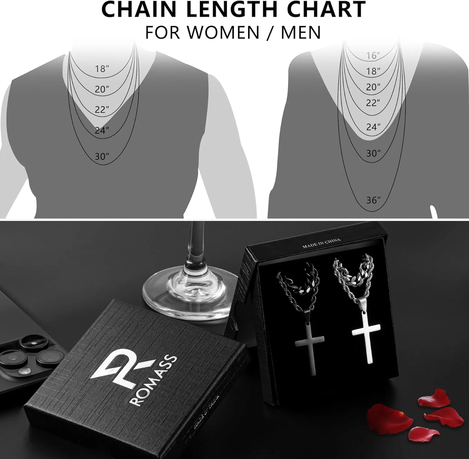Romass 4Pcs Cross Necklace for Men,Stainless Steel Chains for Men Layered Necklaces Silver Gold Black Pendant Jewelry Box Gifts 18-24 Inches