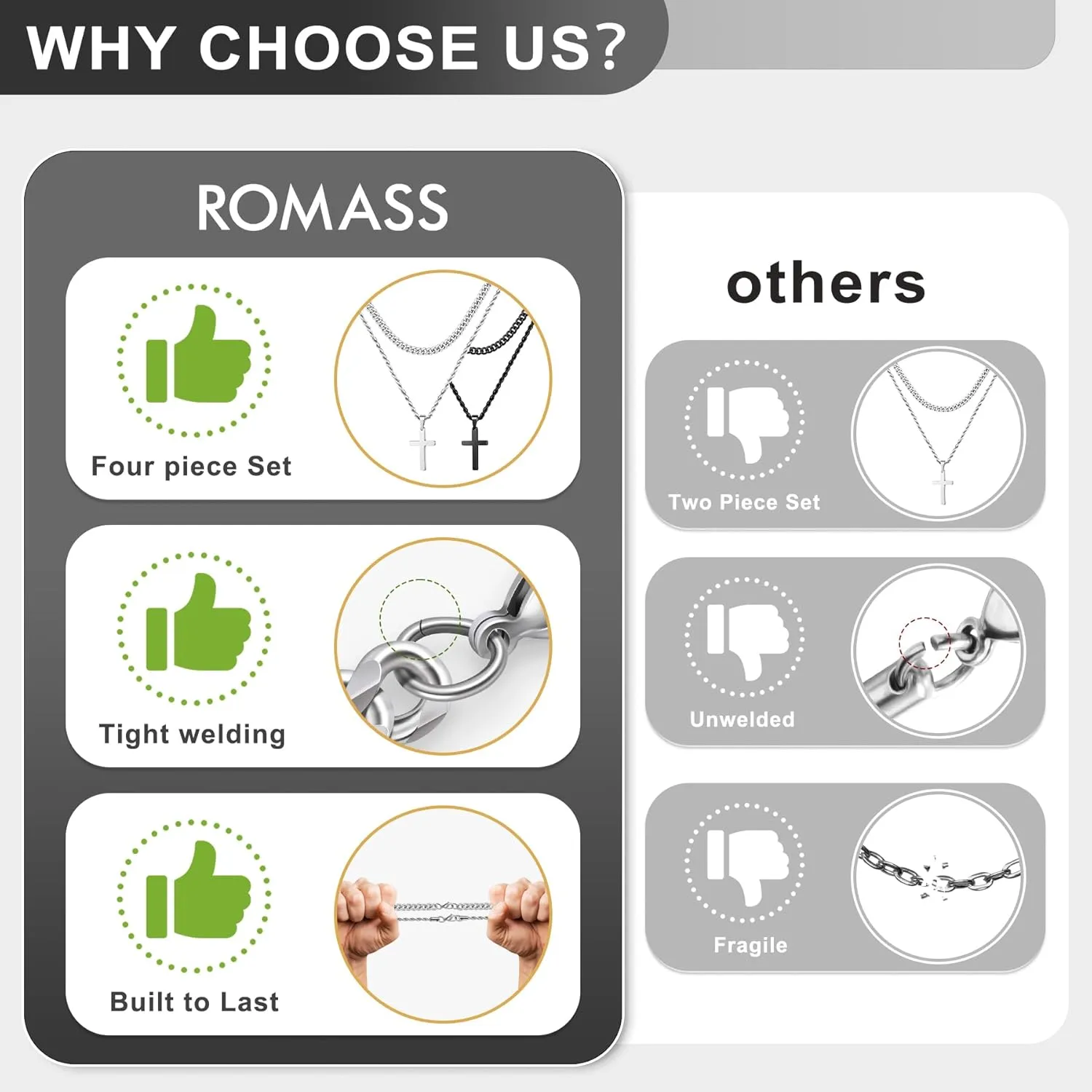 Romass 4Pcs Cross Necklace for Men,Stainless Steel Chains for Men Layered Necklaces Silver Gold Black Pendant Jewelry Box Gifts 18-24 Inches