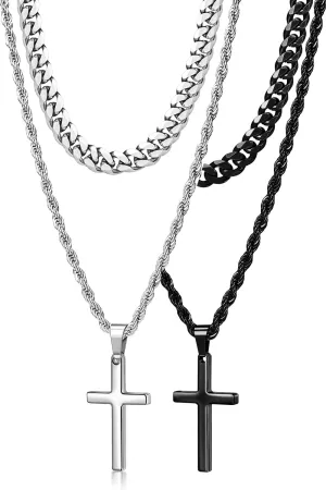 Romass 4Pcs Cross Necklace for Men,Stainless Steel Chains for Men Layered Necklaces Silver Gold Black Pendant Jewelry Box Gifts 18-24 Inches
