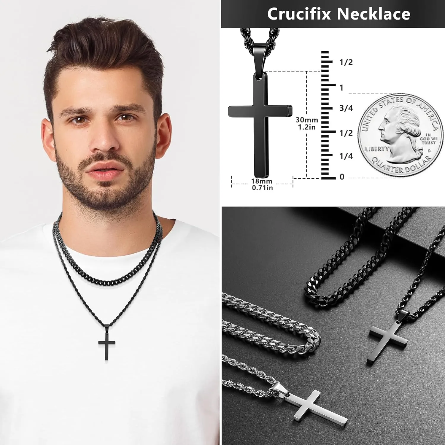 Romass 4Pcs Cross Necklace for Men,Stainless Steel Chains for Men Layered Necklaces Silver Gold Black Pendant Jewelry Box Gifts 18-24 Inches