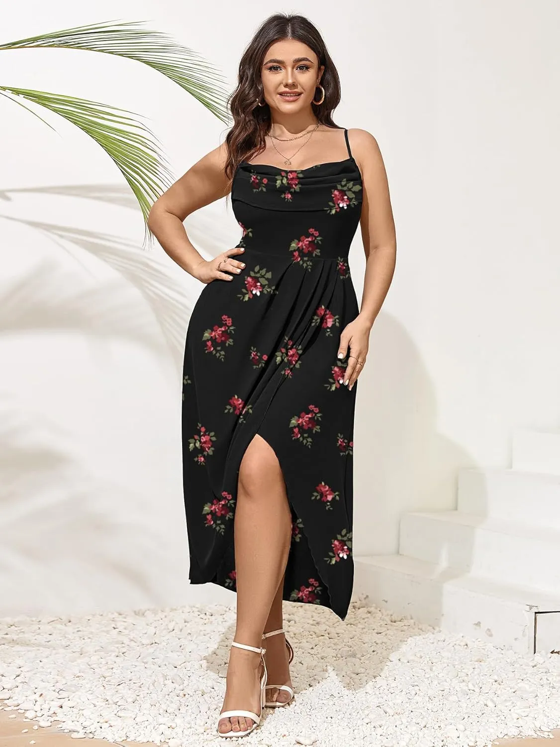 SCOMCHIC Women's Plus Size Dress Sleeveless Spaghetti Strap Cowl Neck Wrap Party Cocktail Cami Dress
