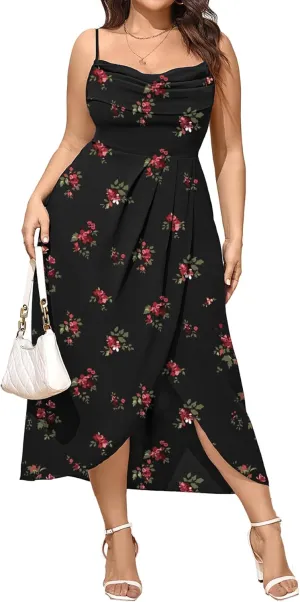 SCOMCHIC Women's Plus Size Dress Sleeveless Spaghetti Strap Cowl Neck Wrap Party Cocktail Cami Dress