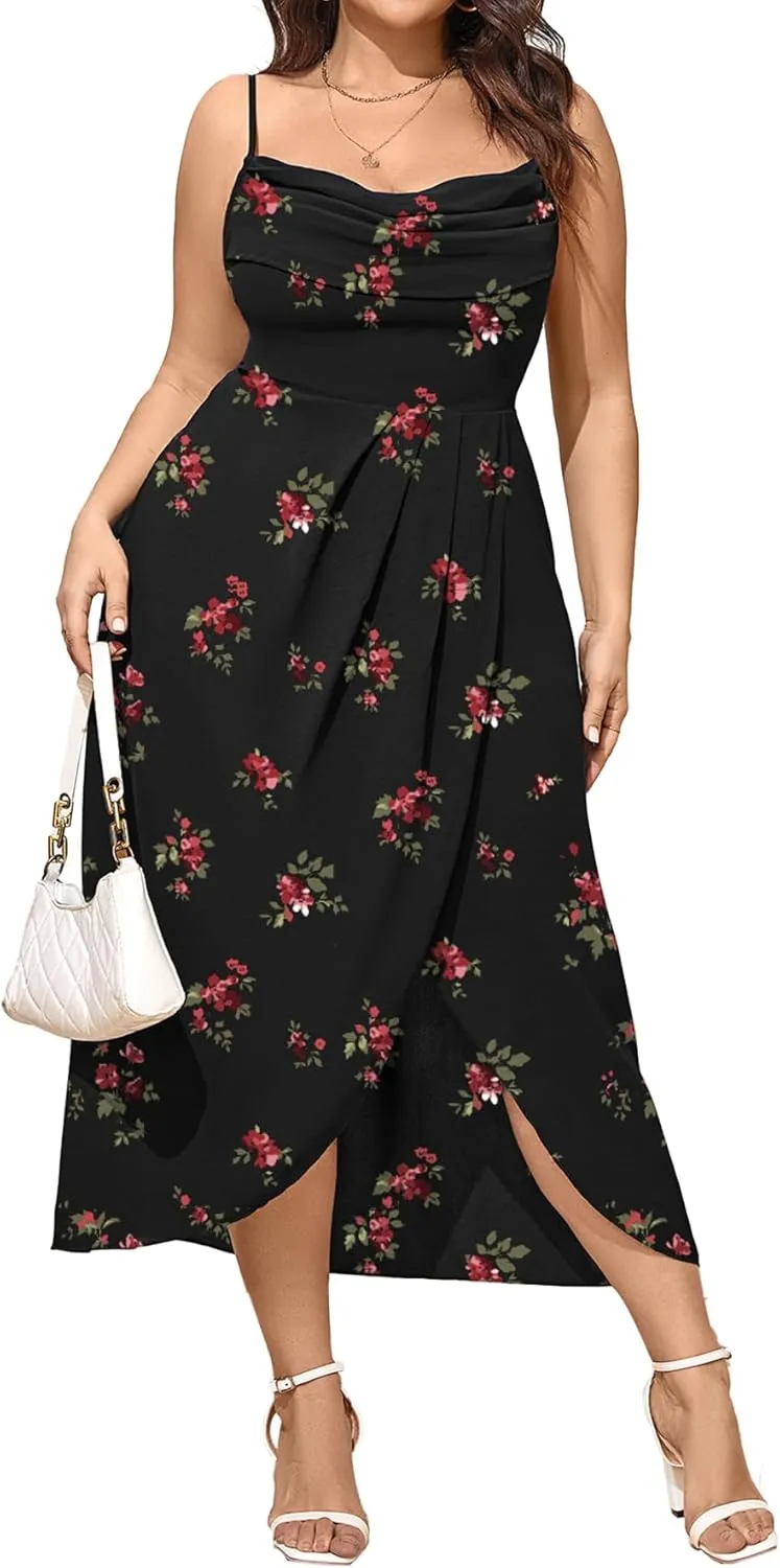 SCOMCHIC Women's Plus Size Dress Sleeveless Spaghetti Strap Cowl Neck Wrap Party Cocktail Cami Dress