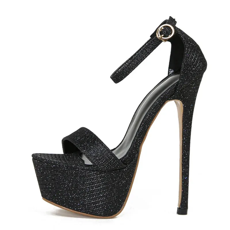 Sparkly Sequined fabric Platform super high heel black Sandals