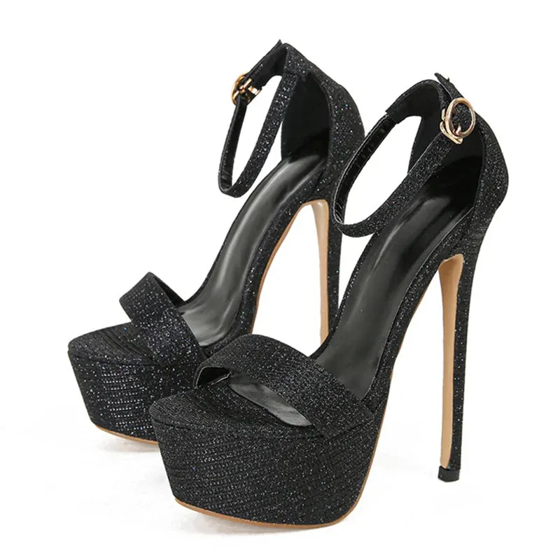Sparkly Sequined fabric Platform super high heel black Sandals