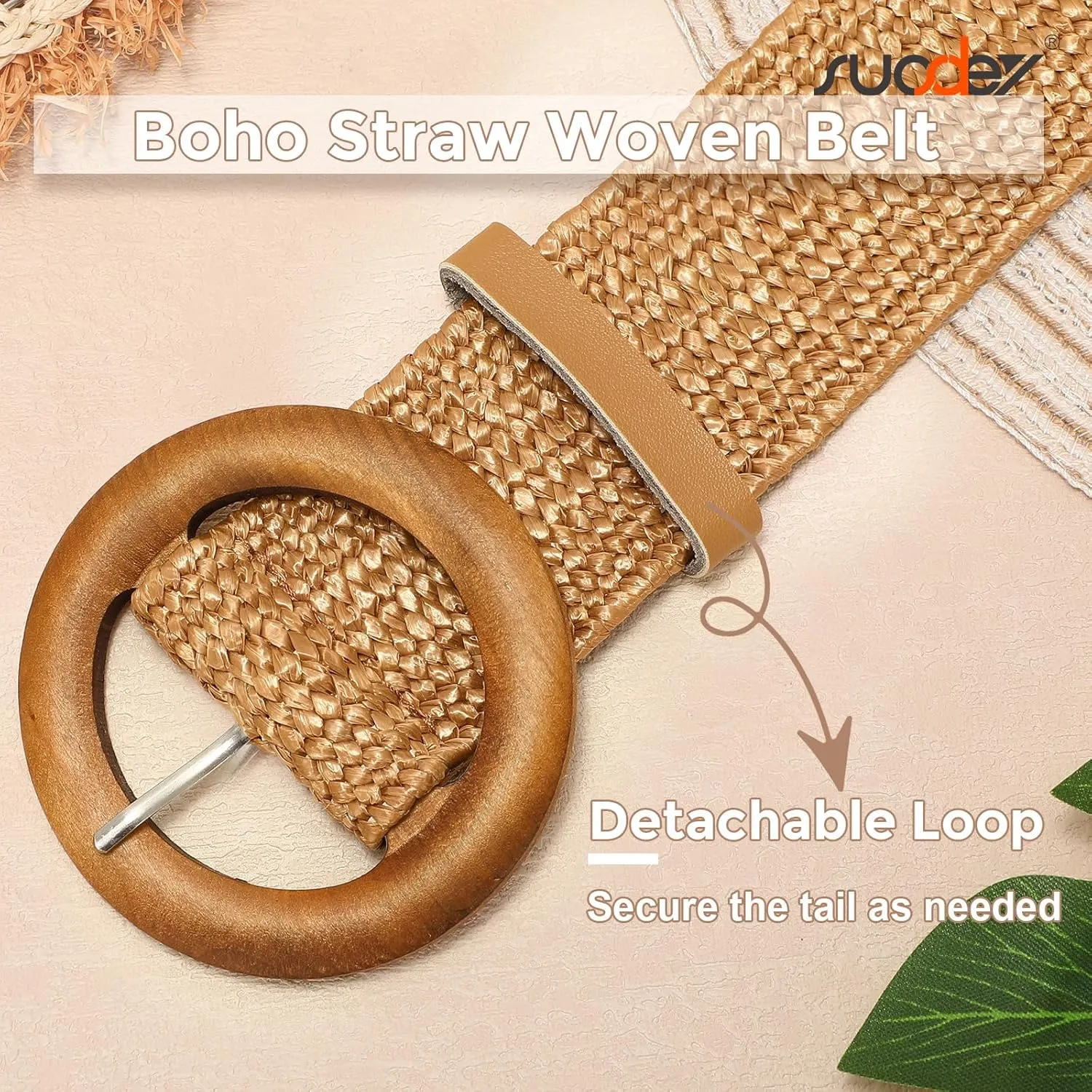 SUOSDEY Straw Woven stretchy Waist Belt for Women Dresses,Wide Boho Braided Elastic Belt with Round Buckle
